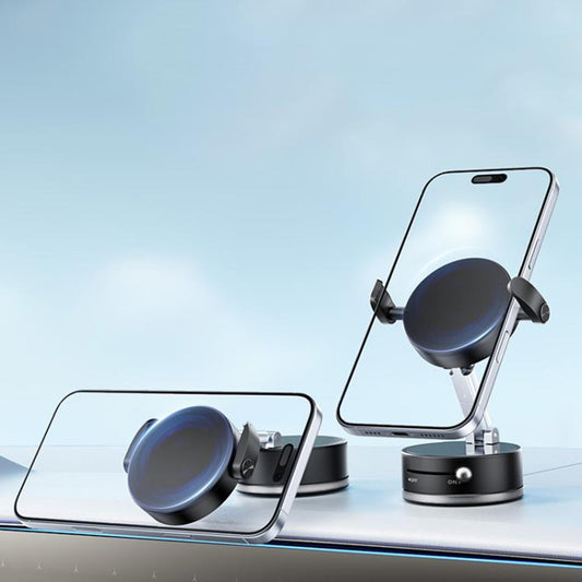 Black magnetic car phone holder on dashboard with phone secured