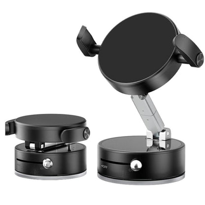 Black circular car phone magnetic mount with foldable clamp base and rotation arm