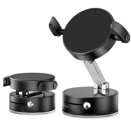 Black circular car phone magnetic mount with foldable clamp base and rotation arm