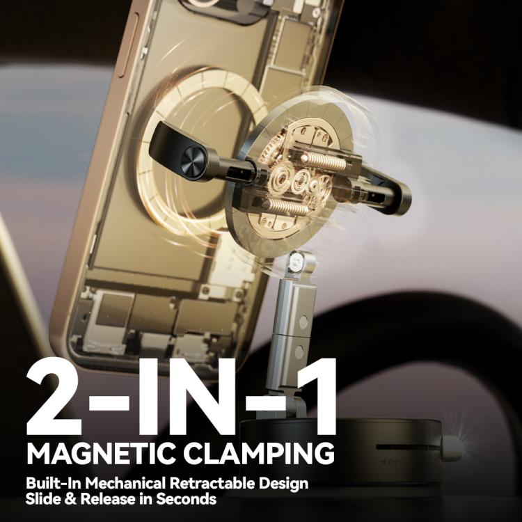 Car phone magnetic mount close-up with circular magnetic core and clamp arm
