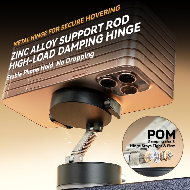 Car phone holder with metal hinge, clamping arm, and damping ring base