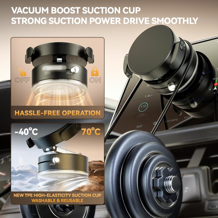 Vacuum suction car phone holder with circular magnetic pad and fold-out support arm