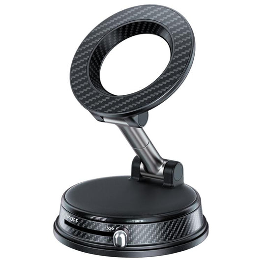 Foldable magnetic car phone holder with black carbon-fiber ring and round suction base