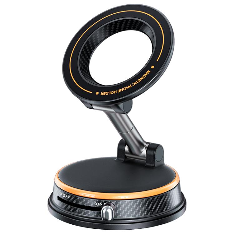Foldable magnetic car phone holder with orange trim, carbon-fiber ring, and suction base