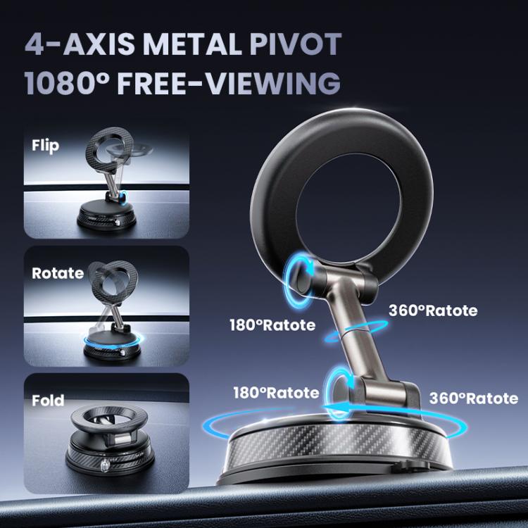 Foldable magnetic phone holder with metal pivot arm and round suction base