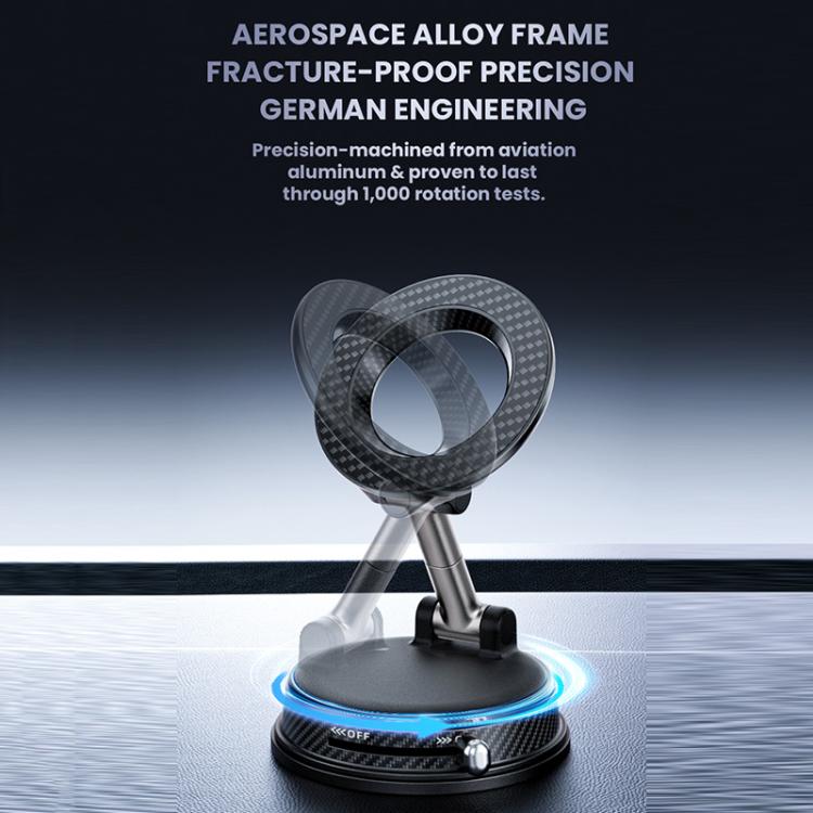 Foldable magnetic car phone holder with carbon-fiber ring and suction base