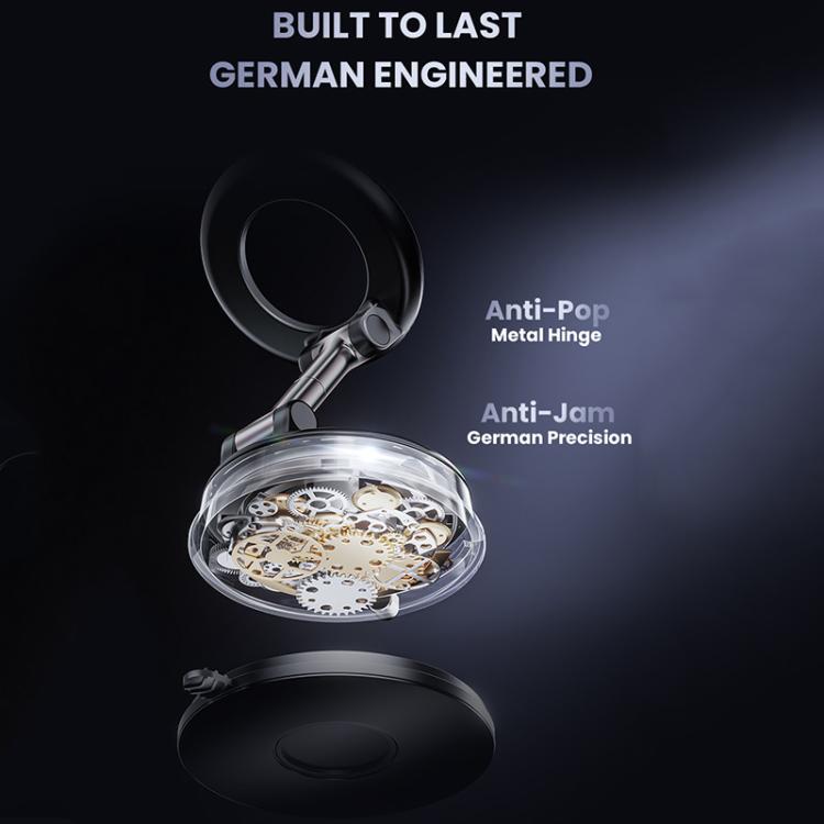 Foldable magnetic phone holder hinge and internal metal mechanism with clear base section