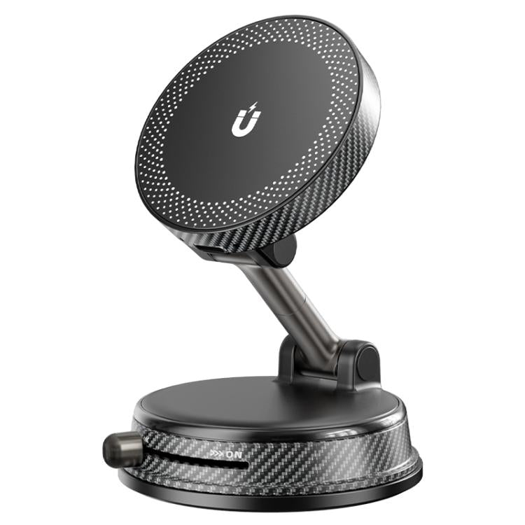 Black foldable car wireless charger phone holder with round magnetic charging pad and stand