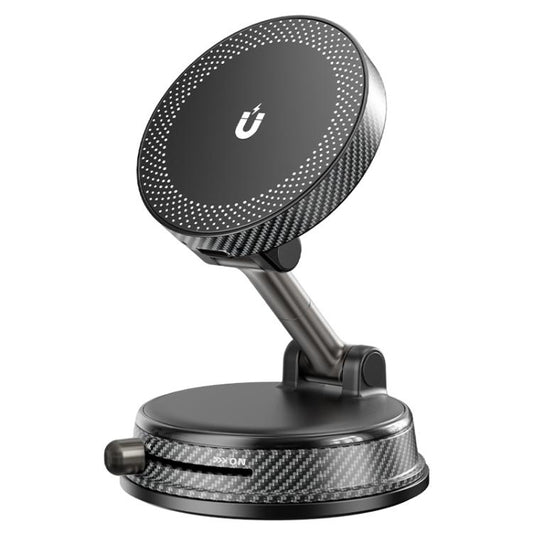 Black foldable car wireless charger phone holder with round magnetic charging pad and stand