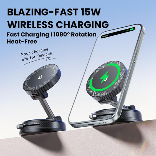 Car wireless charger phone holder with round charging pad, shown holding a phone