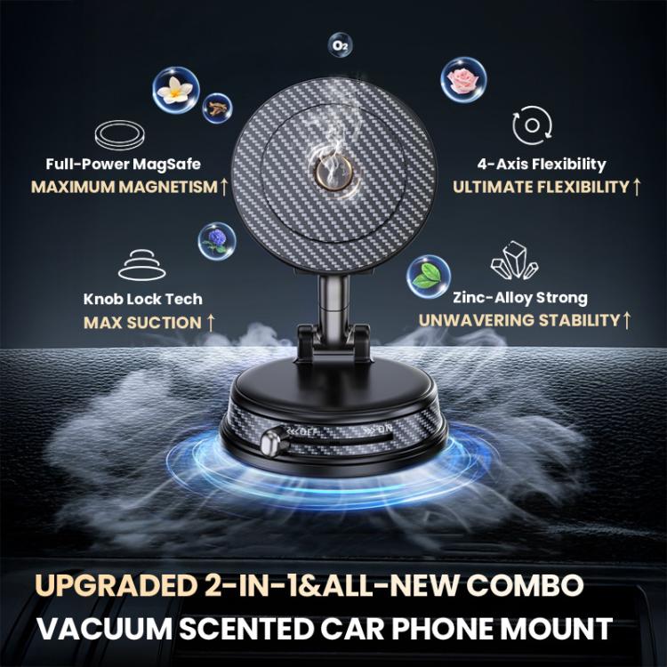 Carbon-fiber style foldable vacuum car phone mount with magnetic top pad