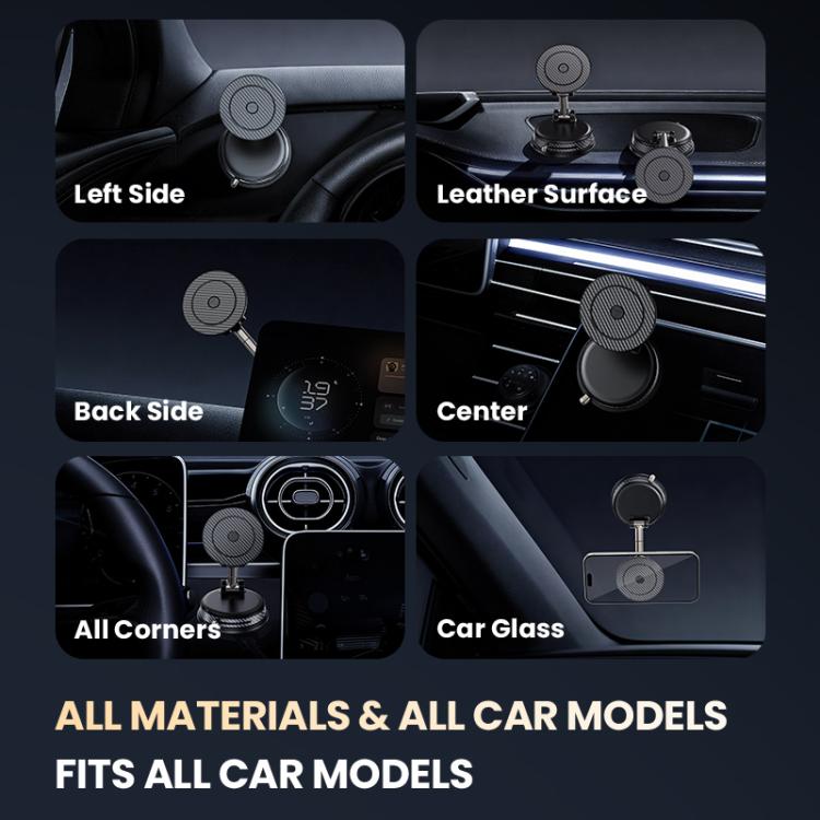 Foldable vacuum magnetic car phone holder shown for multiple mounting locations