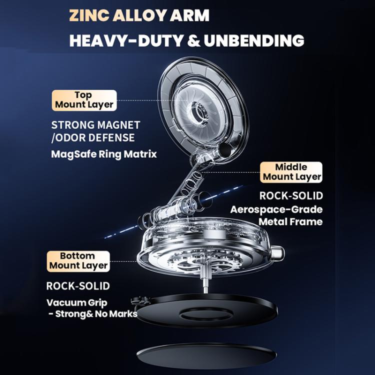Vacuum car phone mount with zinc alloy arm and layered base components