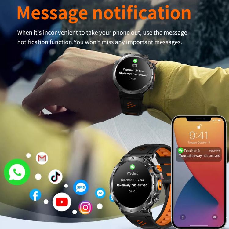 Black smartwatch with orange strap displaying a message notification