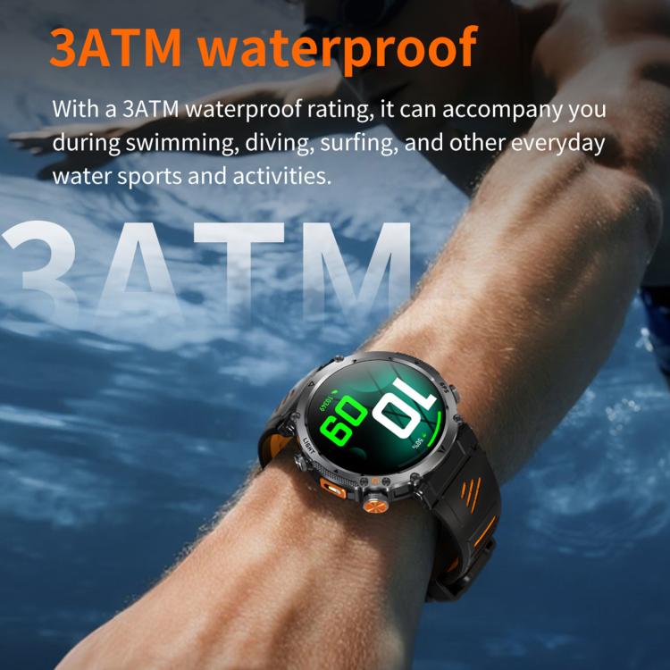 Black and orange sports smartwatch worn on the wrist underwater