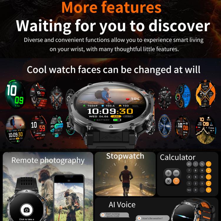 HT42 GPS sports smartwatch with rugged black case, orange accents and interchangeable watch faces