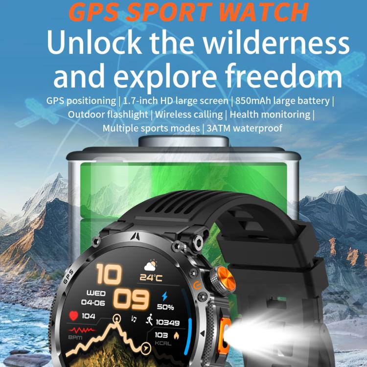 HT42 GPS sports smartwatch with black band and built-in flashlight shown on its side