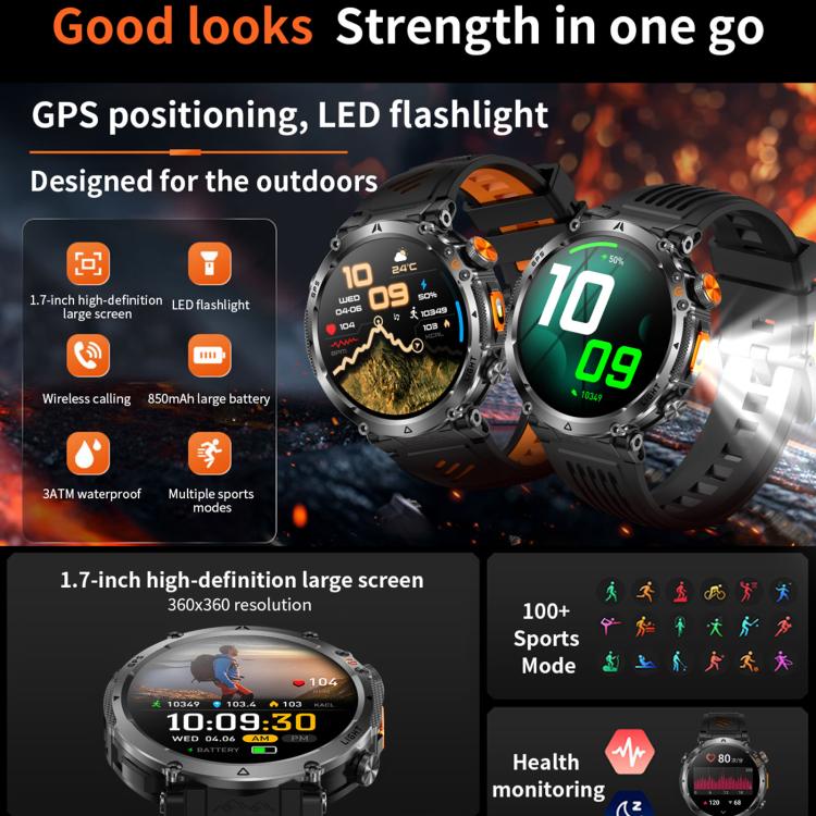 HT42 GPS sports smartwatch feature graphic showing displays, flashlight and sports modes