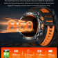 Rugged black smartwatch with orange silicone strap and a round touchscreen