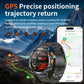 GPS sports smartwatch with a round digital display and black metal link band