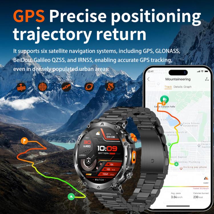 GPS sports smartwatch with a round digital display and black metal link band