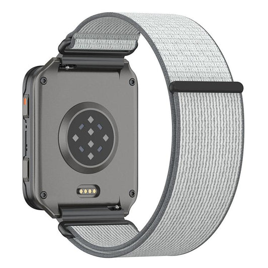 Back view of a smartwatch fitted with a silver gray nylon loop band
