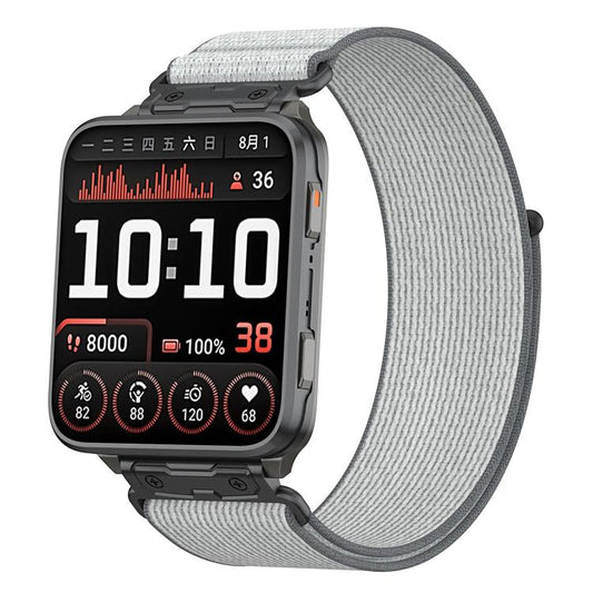 Silver gray nylon loop band fitted to a smartwatch, front view