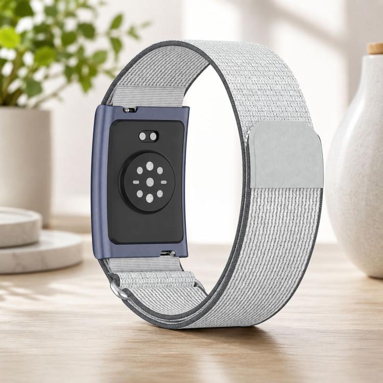 Light gray nylon loop strap with dark edging and covered adapter
