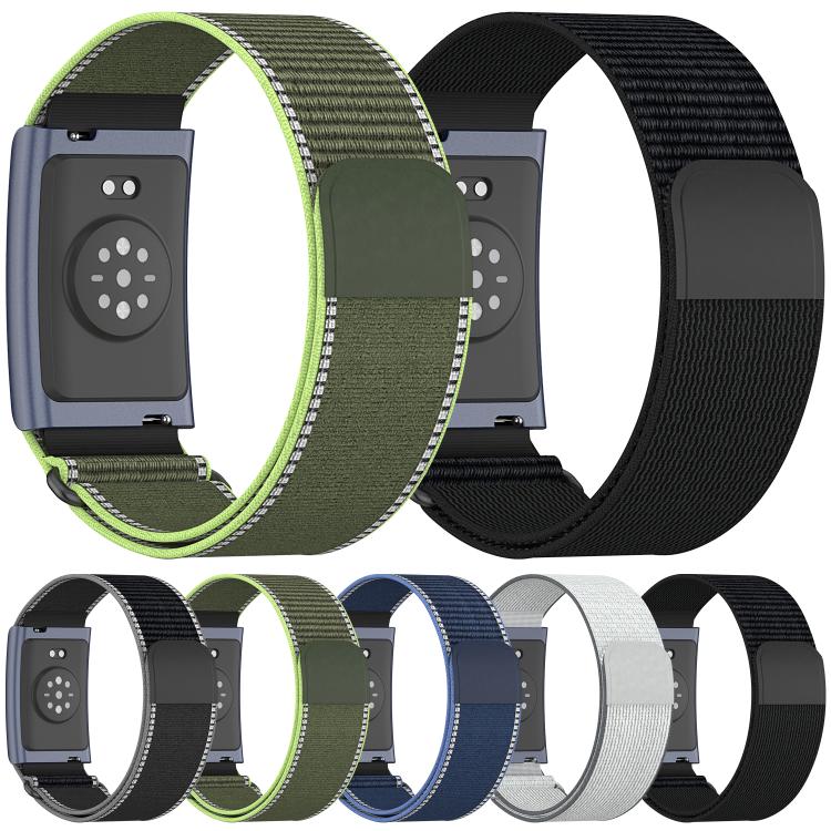 Woven nylon Amazfit Helio Strap bands in black, olive green, blue, gray, and white