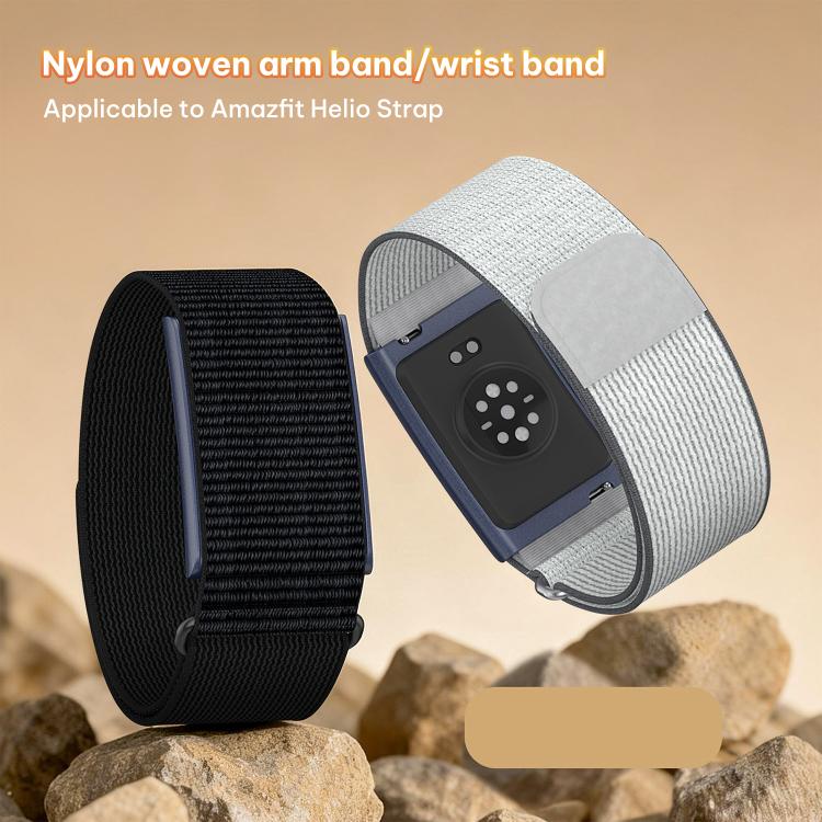 Black and light gray woven nylon Amazfit Helio Strap bands with sensor mounts