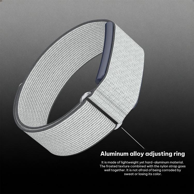 Light gray woven nylon Amazfit Helio Strap band with an adjustable metal ring