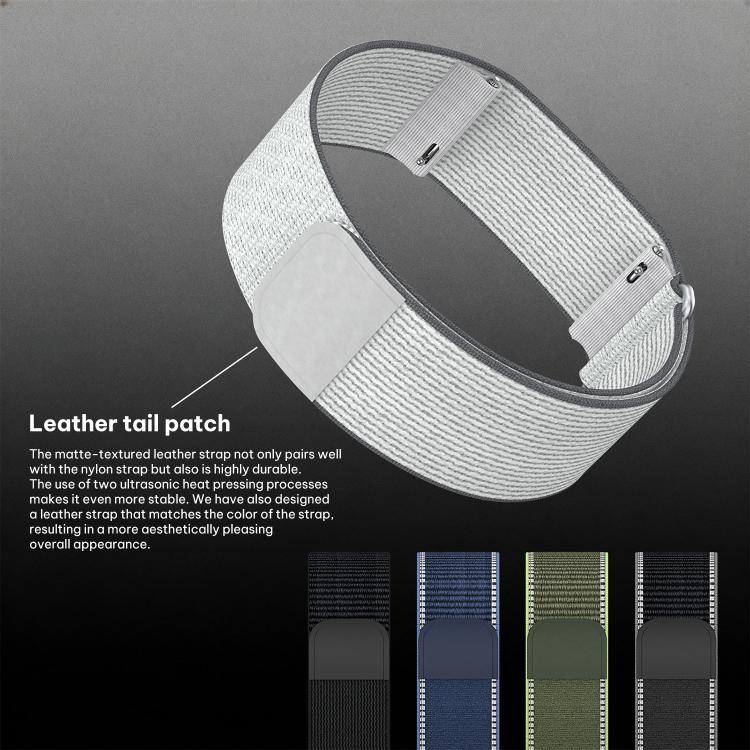 Light gray woven nylon Amazfit Helio Strap band with a matching closure patch