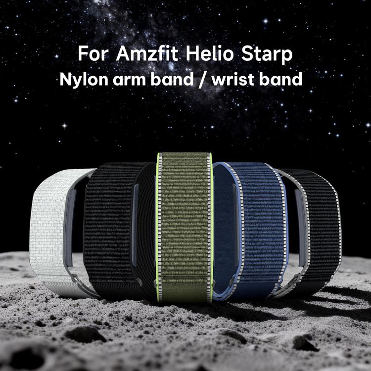 Woven nylon Amazfit Helio Strap bands in white, black, olive green, and blue