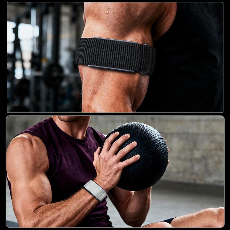 Black nylon arm strap and light gray wristband shown during exercise