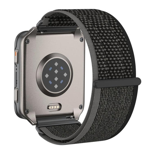 Back view of a smartwatch with a black and gray woven nylon loop band.