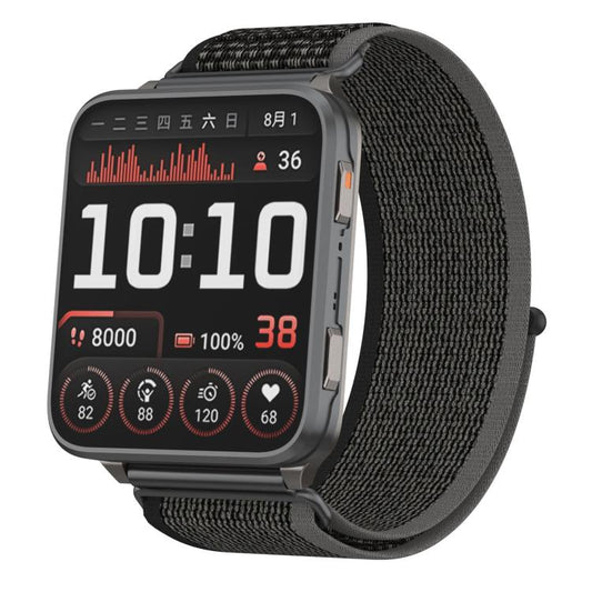 Black and gray woven nylon loop watch band shown on a smartwatch.