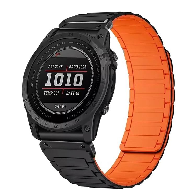Black and orange silicone watch band with segmented links and black connectors