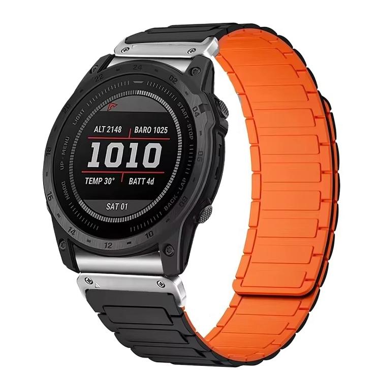 Magnetic silicone watch band with black links and bright orange center links
