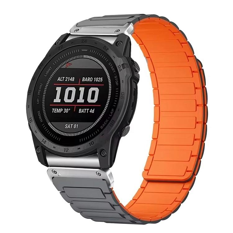 Magnetic silicone watch band with gray links and bright orange center links