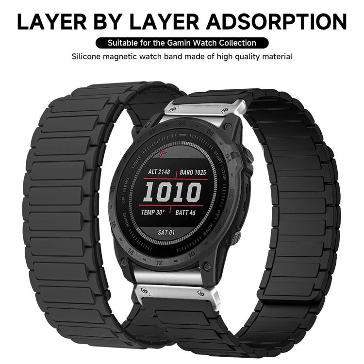 Garmin watch fitted with a black segmented silicone band, shown alongside a loose band.