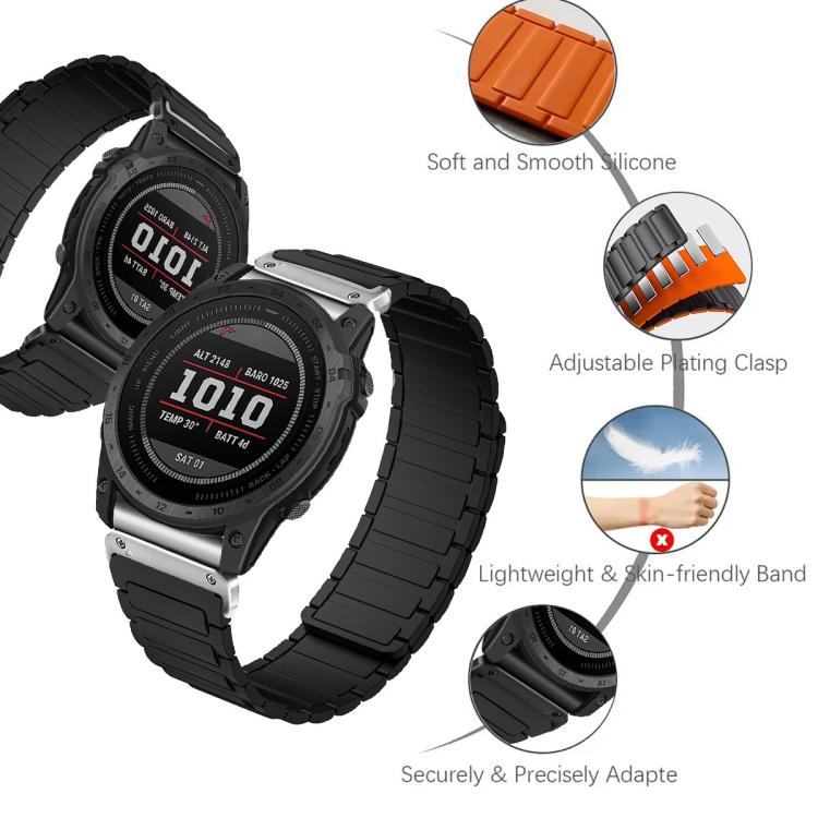 Garmin watches with black segmented silicone bands, showing band links and magnetic clasp details.