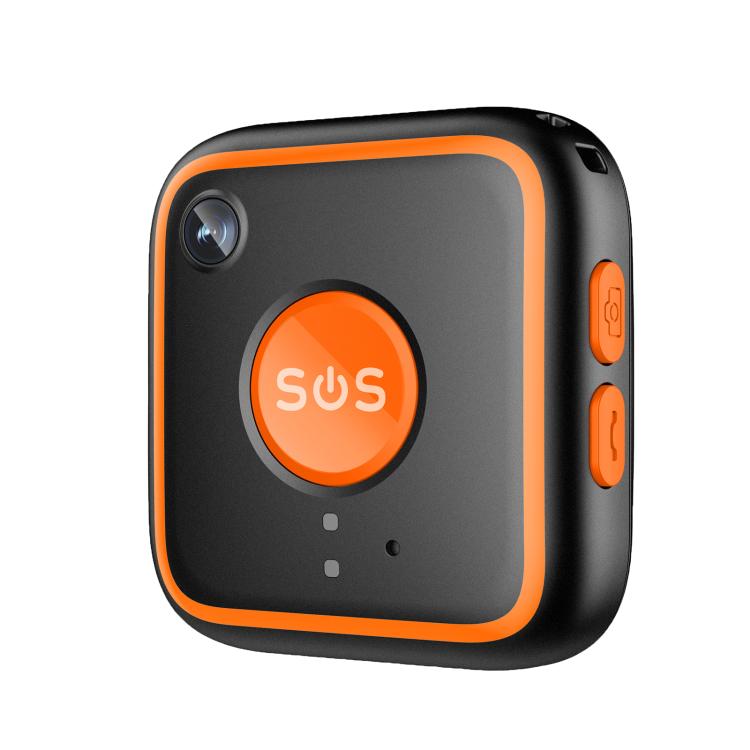 Black GPS SOS pendant tracker with orange LED SOS button, side view