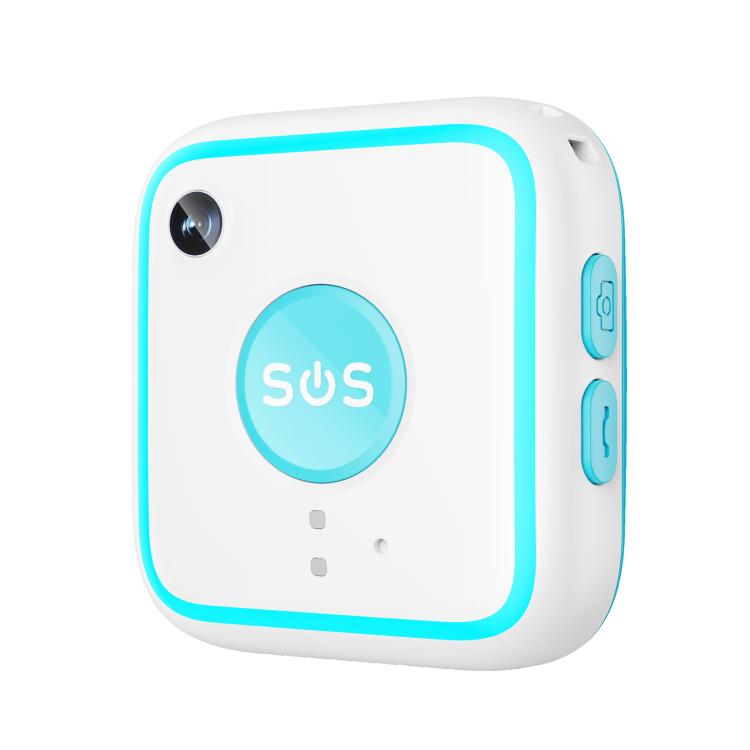 White GPS SOS pendant tracker with turquoise SOS button and light indicators