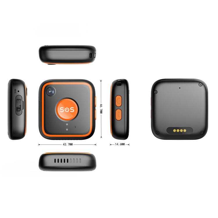GPS pendant tracker size diagram showing front, back, and side views