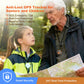 GPS pendant on senior and child outdoors, child holds map while wearing tracker