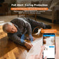 GPS pendant tracker on elderly person indoors with app notification on phone