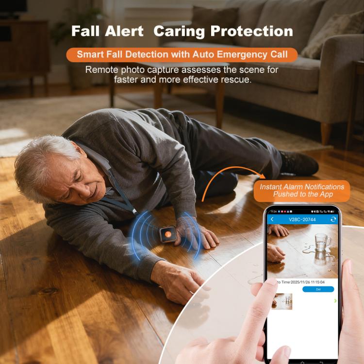 GPS pendant tracker on elderly person indoors with app notification on phone