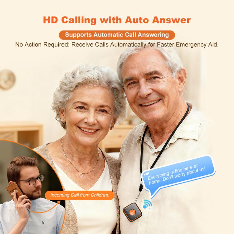 GPS pendant tracker worn by smiling seniors, one holding incoming call phone