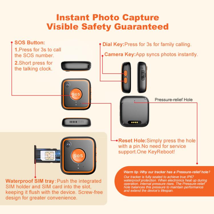 Black and orange SOS GPS pendant location tracker with side ports and button panel