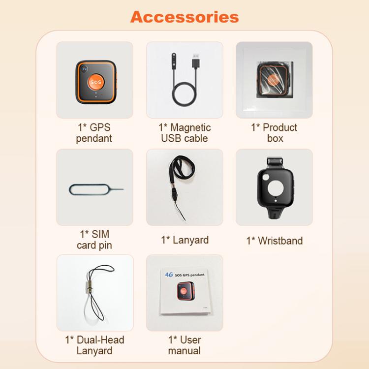 GPS SOS pendant accessories set with USB cable, SIM pin, lanyard, wristband, and manual